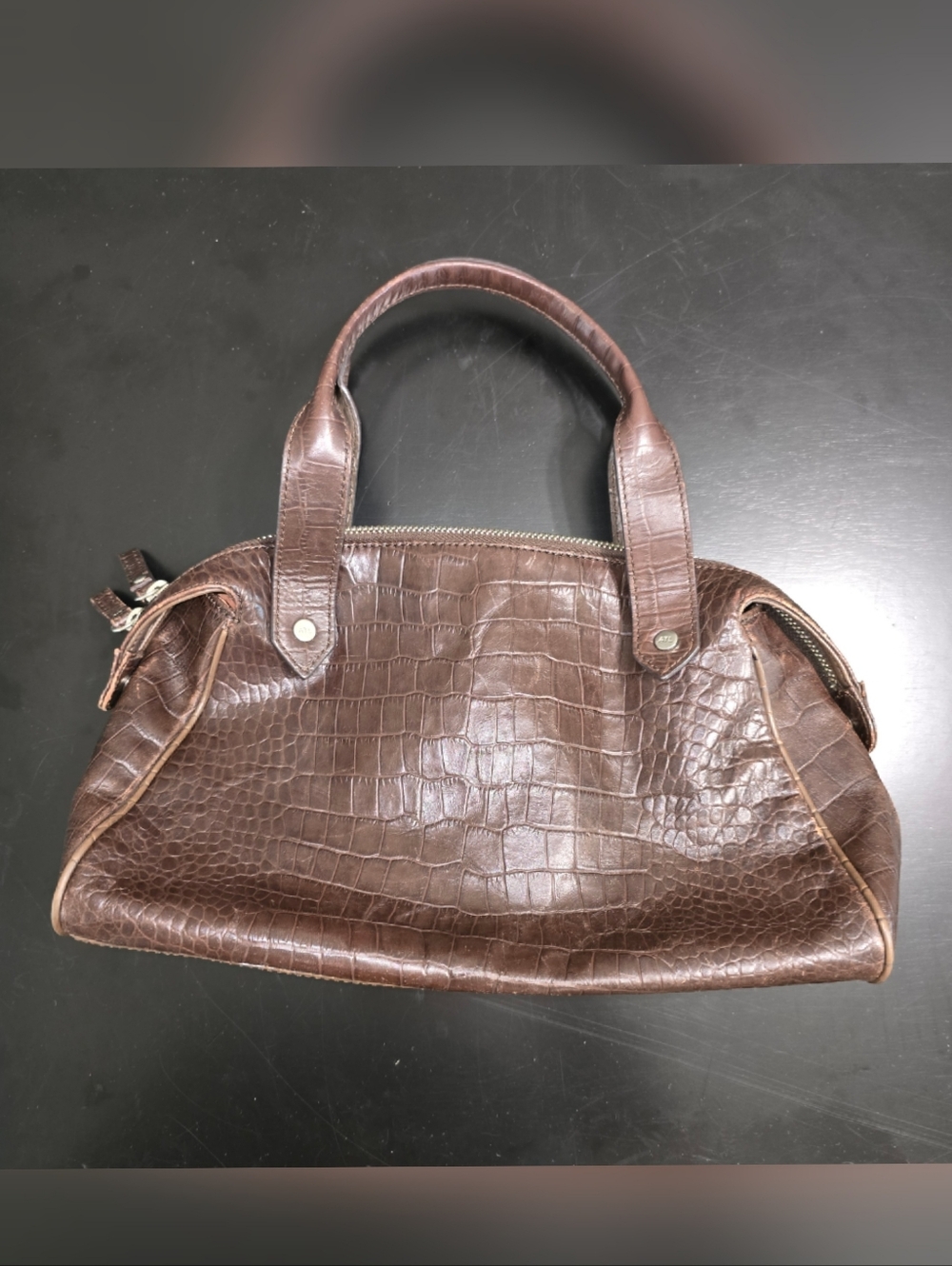 Brown Croc-Embossed Leather Satchel Handbag